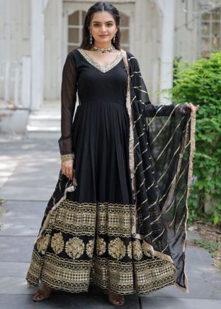 Black Embroidered Readymade Anarkali Suit In Cotton