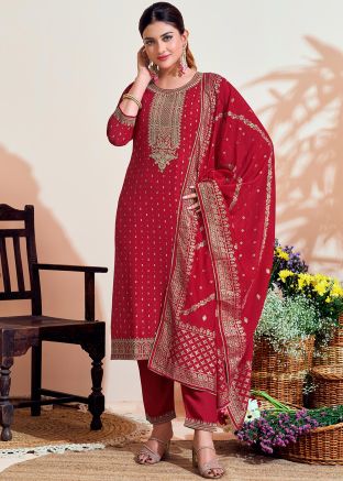Readymade Red Embroidered Pant Suit In Art Silk