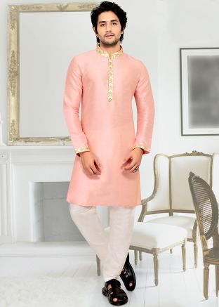 Pink Silk Readymade Kurta Pajama