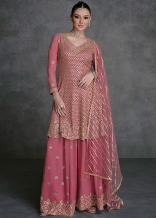 Pink Embroidered Readymade Flared Palazzo Suit