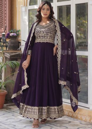 Purple Embroidered Anarkali Salwar Suit In Georgette