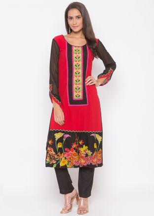 Red Readymade Floral Printed Border Long Kurta