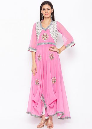 Pink Embroidered Asymmetric Cowl Style Long Kurta