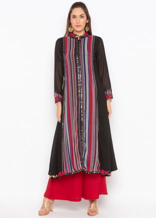 Black Stripes Printed Readymade Slit Style Long Kurta
