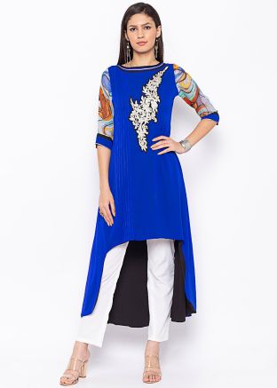 Readymade Blue Asymmetric Embroidered Long Kurta