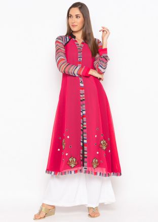Readymade Pink Embroidered Slit Style Long Kurta