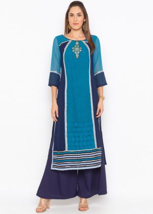 Blue Readymade Embroidered Paneled Long Kurta