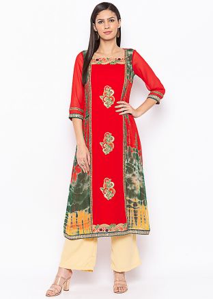 Red Tie Dye Printed Paneled Readymade Long Kurta