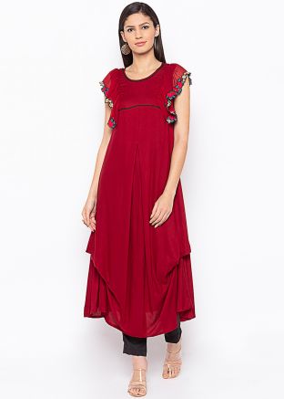 Maroon Readymade Asymmetric Drape Style Long Kurta