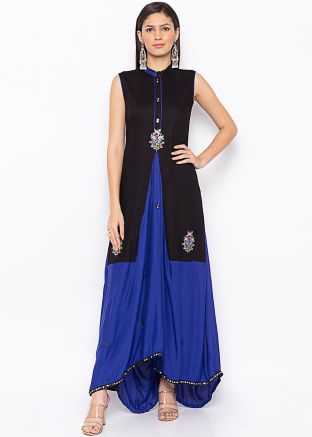 Black and Blue Asymmetric Readymade Cotton Long Kurta