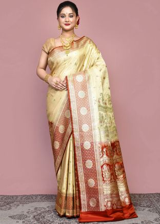 Beige Pure Silk Woven Work Saree