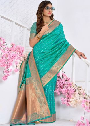 Turquoise Art Silk Saree In Woven Work