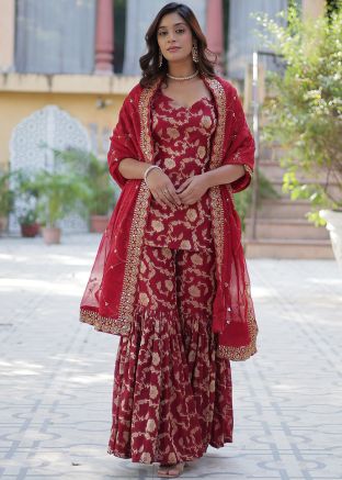 Red Zari Woven Salwar Suit Set