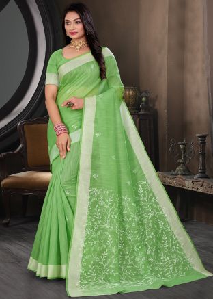 Pastel Green Embroidered Cotton Saree With Blouse