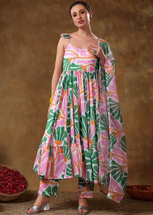 Readymade Pink Floral Print Anarkali Suit Set