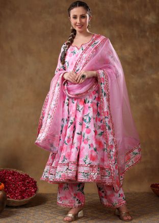 Pink Readymade Floral Print Anarkali Set & Dupatta
