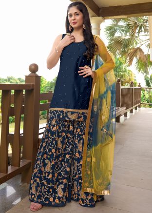 Readymade Navy Blue Stone Work Sharara Suit