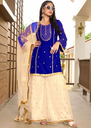 Blue Embroidered Readymade Sharara Suit