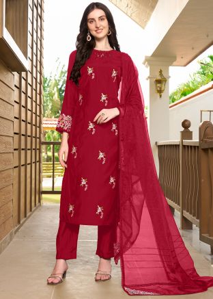 Pink Embroidered Art Silk Salwar Suit Set