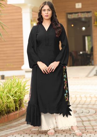 Black Embroidered Salwar Suit Set In Art Silk