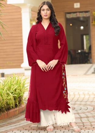 Maroon Embroidered Pant Salwar Suit Set