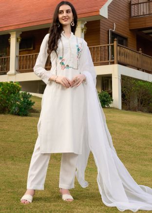 White Embroidered Art Silk Salwar Suit Set