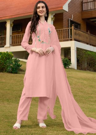 Pink Embroidered Art Silk Salwar Suit Set