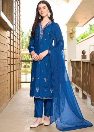 Blue Embroidered Pant Salwar Suit Set