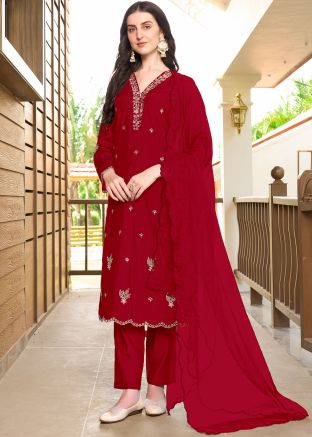 Pink Embroidered Salwar Suit Set In Art Silk