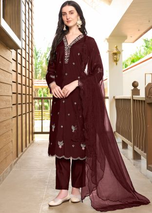 Brown Embroidered Salwar Suit Set