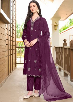 Purple Readymade Embroidered Salwar Suit Set