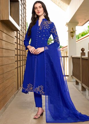 Blue Embroidered Pant Salwar Suit Set