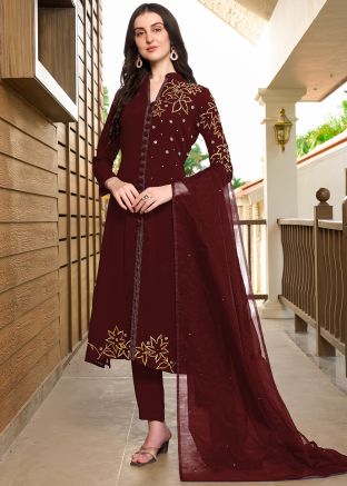 Maroon Embroidered Pant Salwar Suit Set