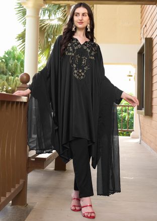 Black Embroidered Satin Salwar Suit Set