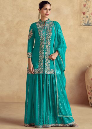 Readymade Blue Embroidered Palazzo Suit In Chiffon