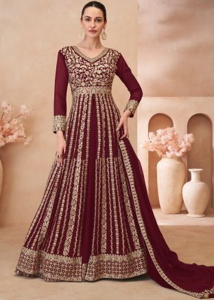 Wine Embellished Readymade Slit Style Pant Suit