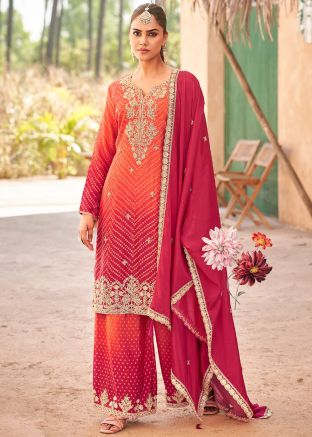 Readymade Shaded Orange & Pink Bandhej Print Palazzo Suit