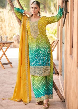 Readymade Shaded Yellow & Blue Bandhej Print Palazzo Suit