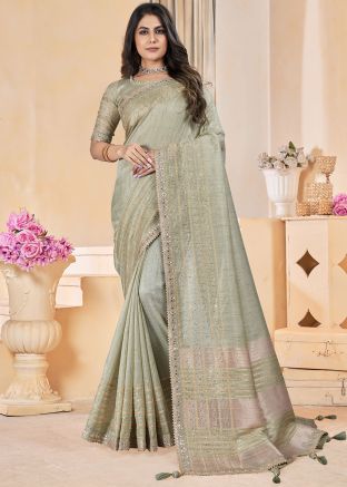 Green Embroidered Linen Saree With Blouse
