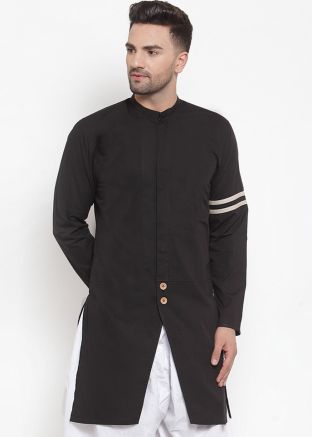 Black Asymmetric Slit Style Cotton Kurta