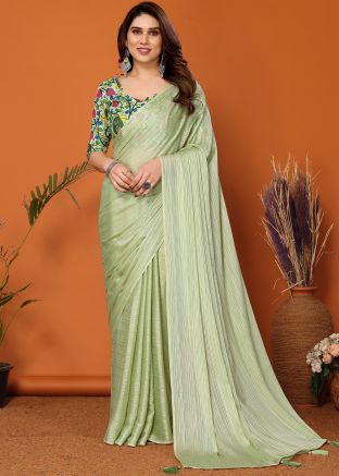 Light Green Plain Saree In Art Silk
