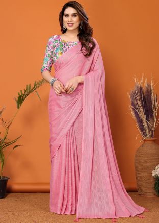 Pink Plain Saree In Art Silk