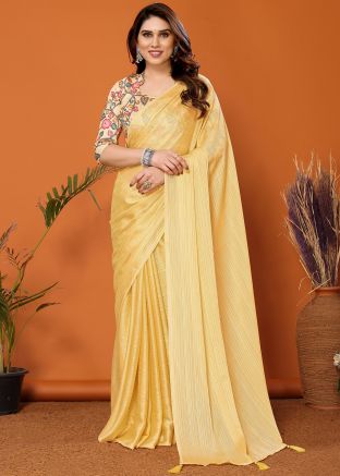Yellow Plain Saree In Art Silk