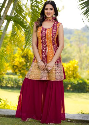 Readymade Yellow & Maroon Embroidered Gharara Suit