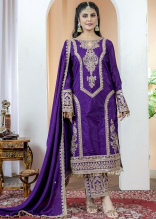 Readymade Purple Embroidered Palazzo Suit
