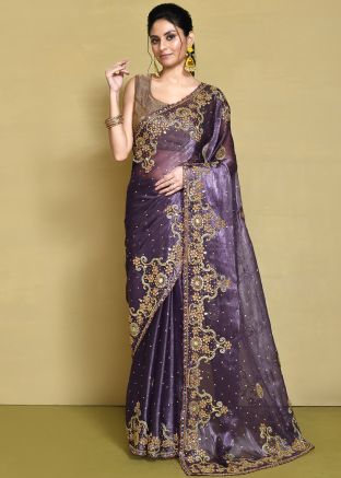 Purple Embroidered Saree In Organza