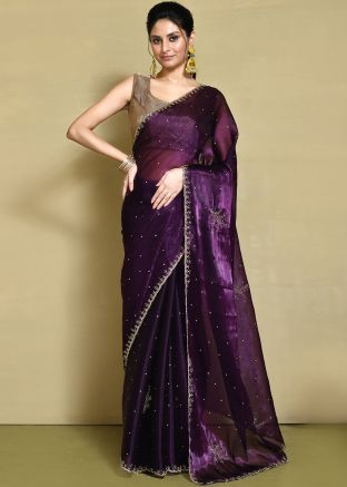 Purple Stone Work Saree In Organza