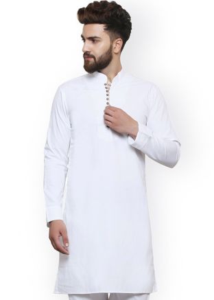 White Straight Cut Cotton Readymade Kurta
