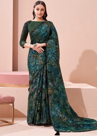 Blue Embroidered Saree In Silk