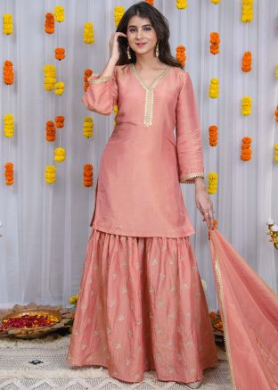 Peach Embroidered Readymade Sharara Suit
